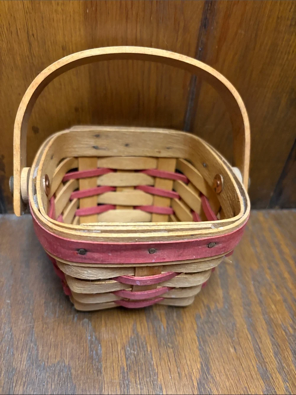 Handwoven Small Longaberger Basket with Handle - Natural Wood and Red Accent